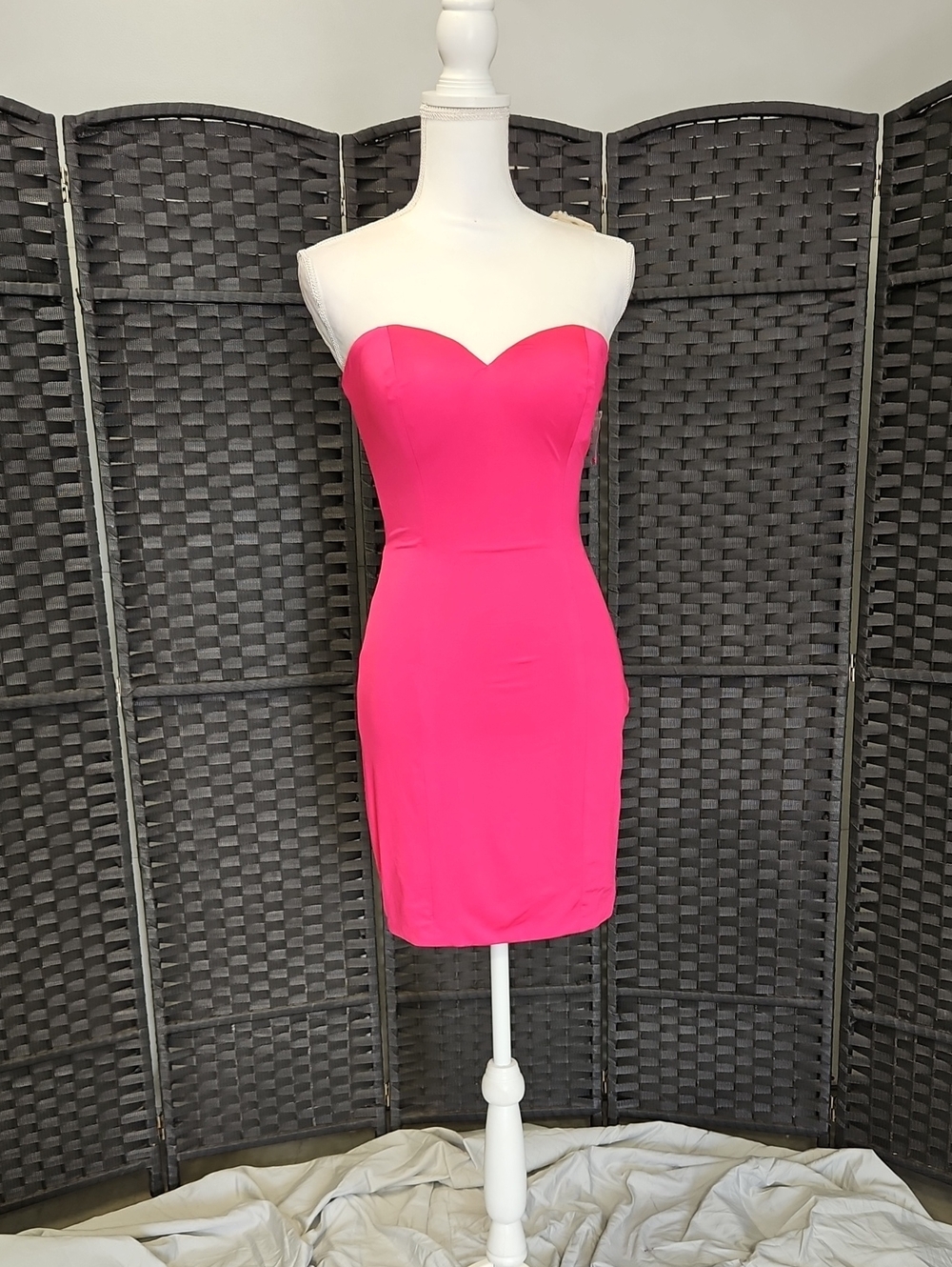 Size 4 bright fuchsia hot pink illusion neckline and slim soft and satiny sheath
